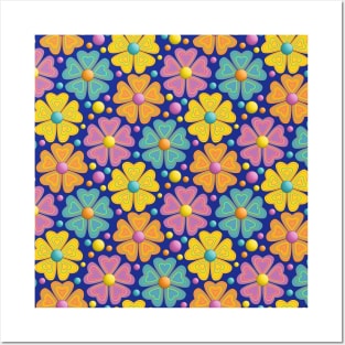 Floral Pattern Art On Blue Background Posters and Art